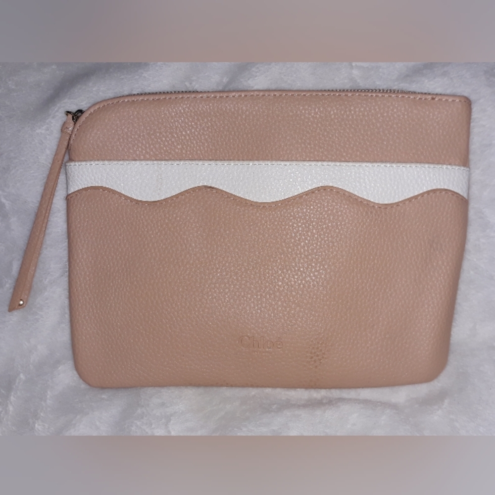 CHLOE PARFUM Peach Pebbled Leather Large Zip Cosmetic Bag